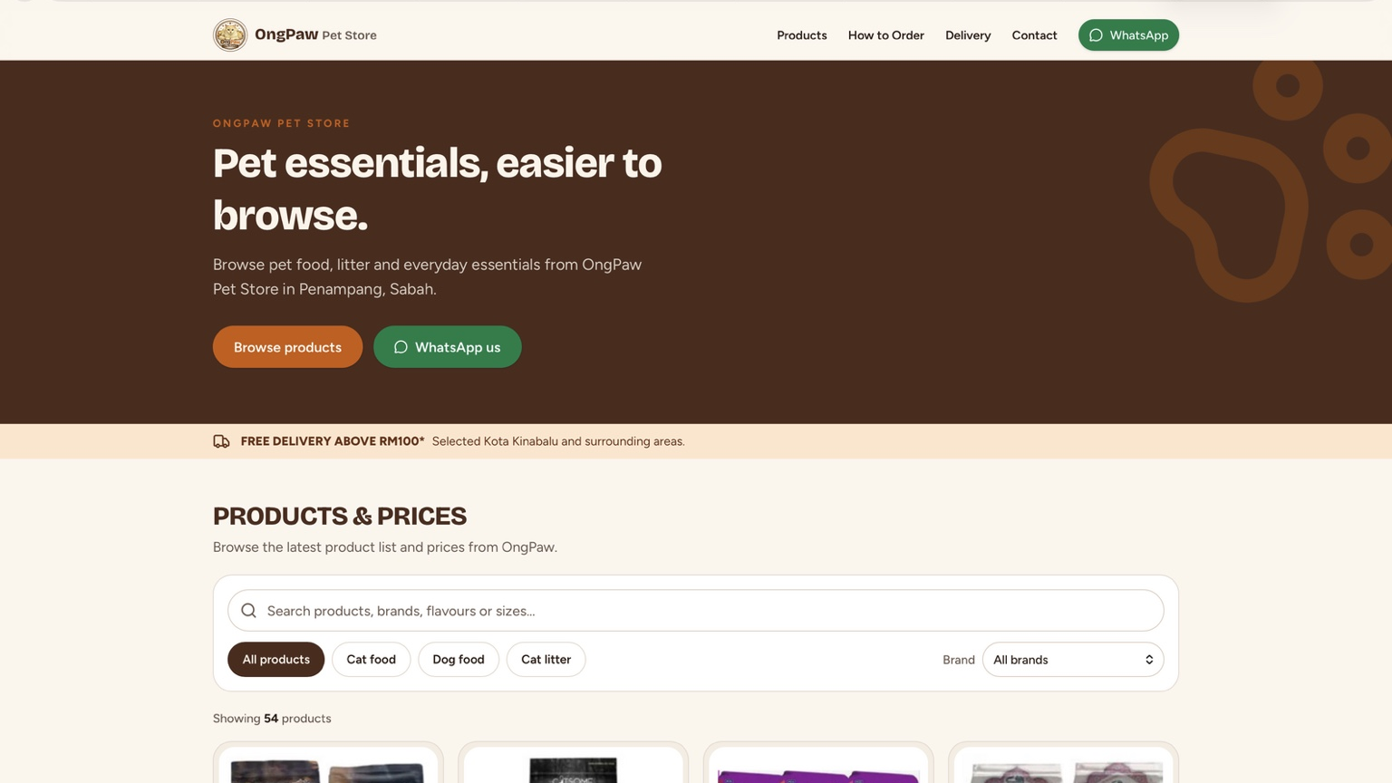 OngPaw Pet Store — website on desktop