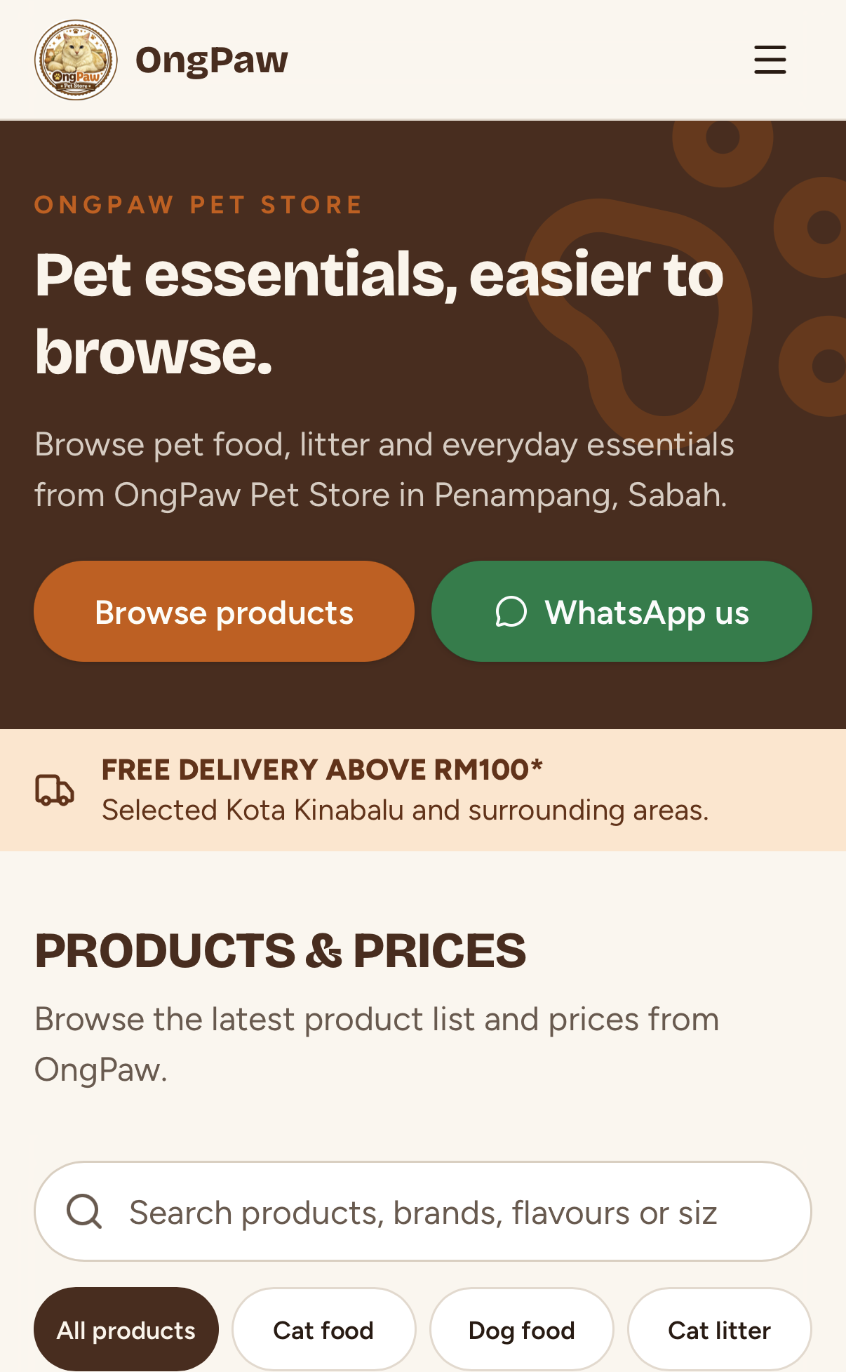 OngPaw Pet Store — website on mobile